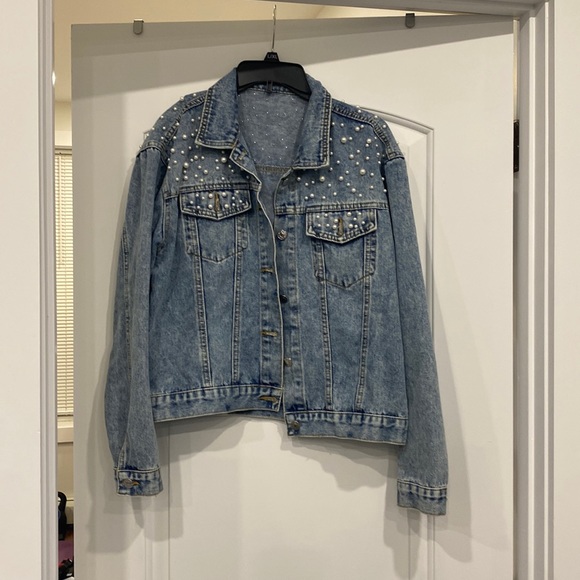 Oversized Denim Jacket with Embroidered Pearls - Picture 1 of 3
